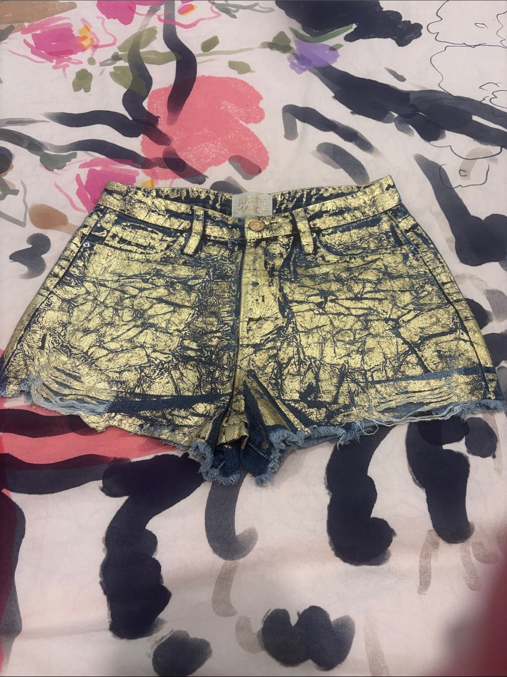 Judith March Metallic Gold Distressed Denim Cutoff Shorts